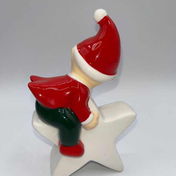 Retro Ceramic Red Elf Pixie Santa's Helper Sitting on a Golden Star Christmas - Picture 6 of 10